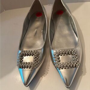 Nine West Silver Pointed Toe Flats with Crystal Square Accent